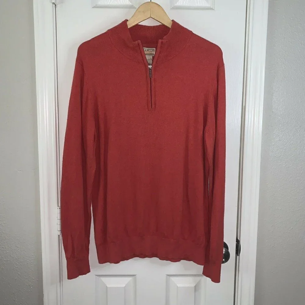 LL Bean Red Orange Cashmere Blend Preppy Long Sleeve V-Neck Sweater Large